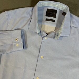 C-Lab NYC Button Down Blue Long Sleeve Plaid Slim Fit Checkered Blue M 15 1/2
